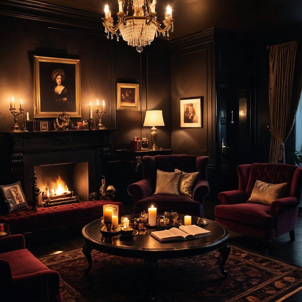 A luxurious, dimly lit room with plush velvet furnishings, adorned with candles casting soft glows. In the foreground, an elegant coffee table featuring an array of erotic literature and art pieces, displaying sensual imagery. Silhouettes of intriguing figures can be seen in the background, hinting at the 'good', 'bad', and 'indulgent' sides of erotic content. The ambiance is both enticing and mysterious, inviting exploration. rich textures. moody lighting. super-realistic.