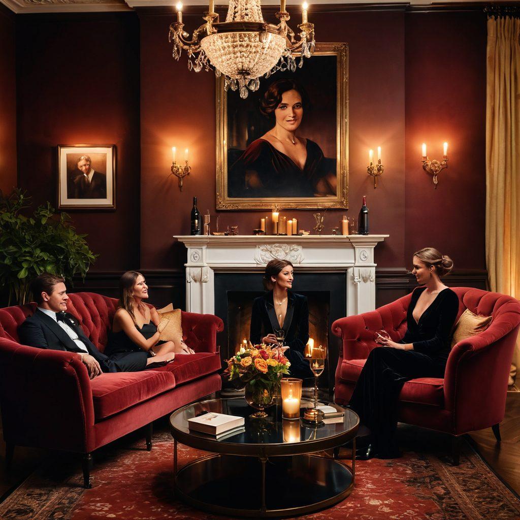 A sophisticated and elegant setting featuring a vintage-style lounge filled with rich textures and soft candlelight. Silhouettes of diverse adults engaged in conversation and laughter, surrounded by tasteful art that hints at sensual themes. A glass of wine and a plush velvet sofa in the foreground, inviting the viewer to explore deeper. The atmosphere exudes intrigue and openness. super-realistic. warm tones. soft focus.